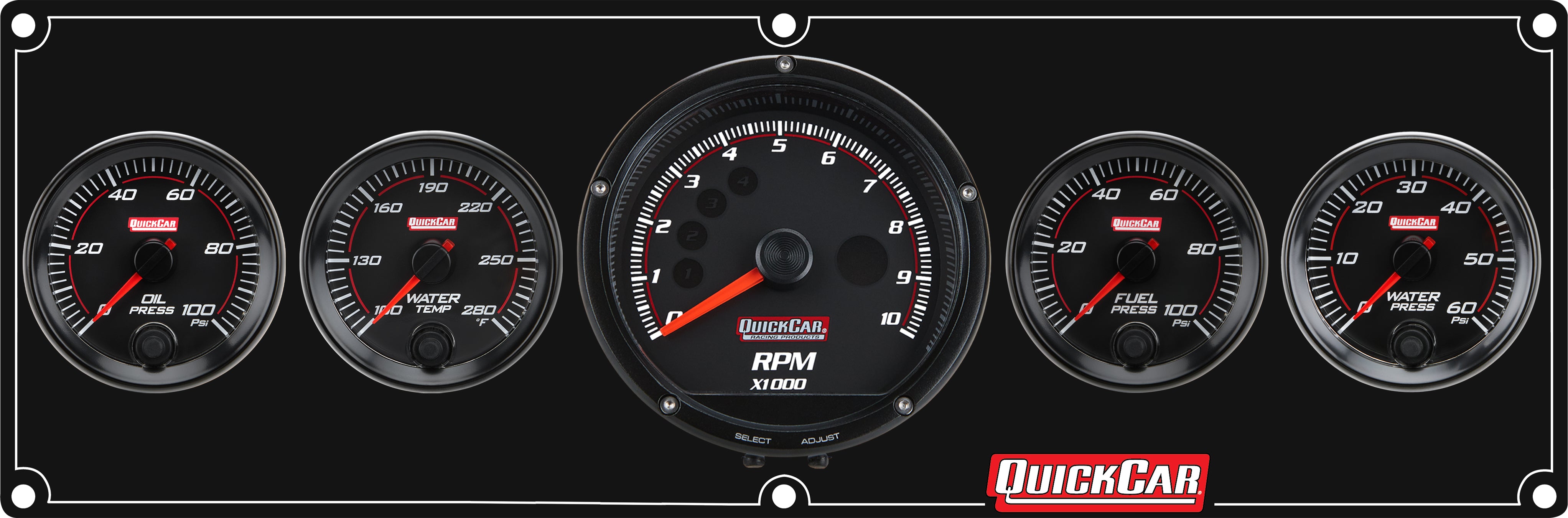 QuickCar Redline Gauge Panel Assembly - OP / WT / WP / 2-5/8 in Recall Tach / 0-100 psi FP - 2-5/8 in Diameter - Black Panel / Black Face