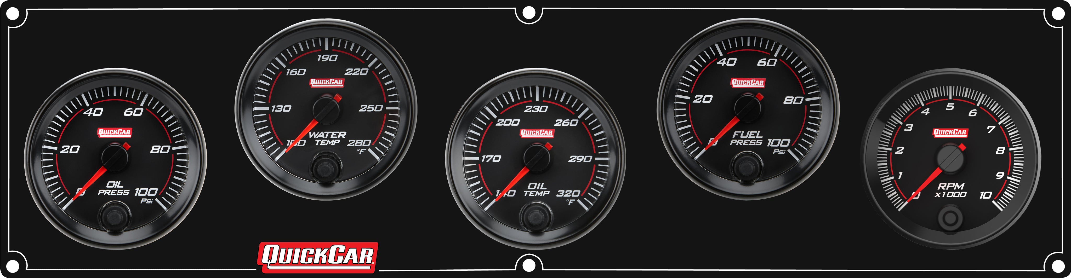 QuickCar Redline Gauge Panel Assembly - OP / WT / OT / Recall Tach / 0-100 psi FP - 2-5/8 in Diameter - Black Panel / Black Face