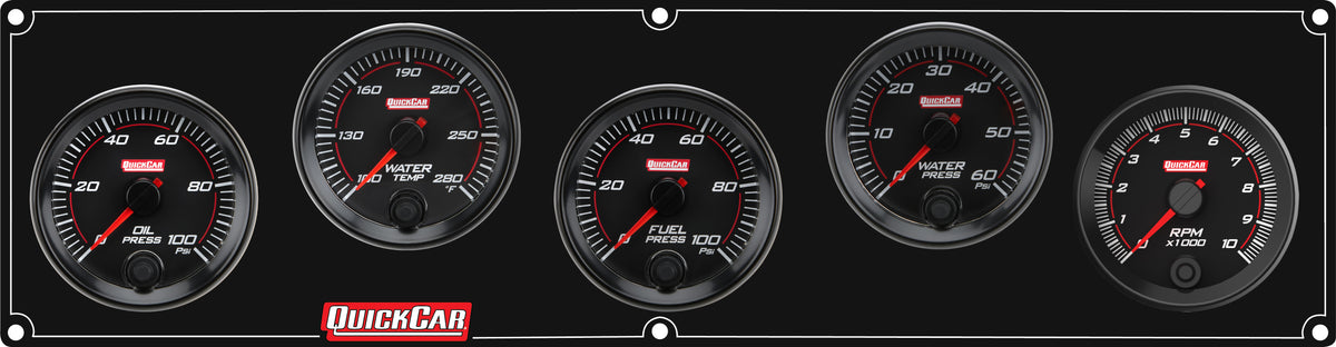 QuickCar Redline Gauge Panel Assembly - OP / WT / WP / Recall Tach / 0-100 psi FP - 2-5/8 in Diameter - Black Panel / Black Face
