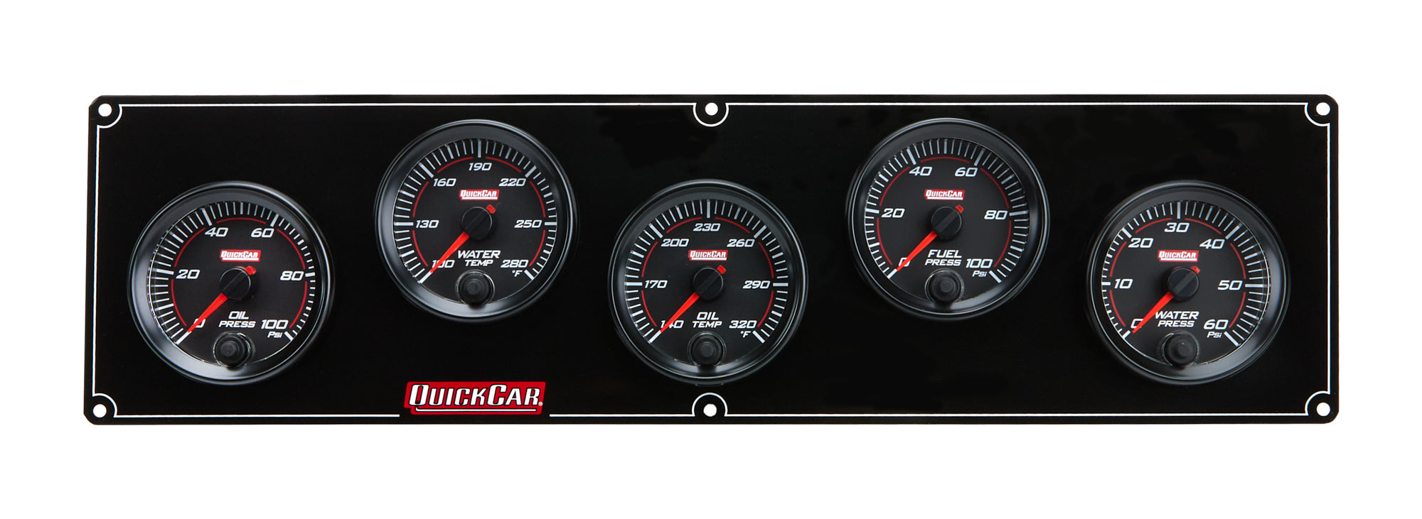 QuickCar Redline Gauge Panel Assembly - OP / WT / OT / WP / 0-100 psi FP - 2-5/8 in Diameter - Black Panel / Black Face