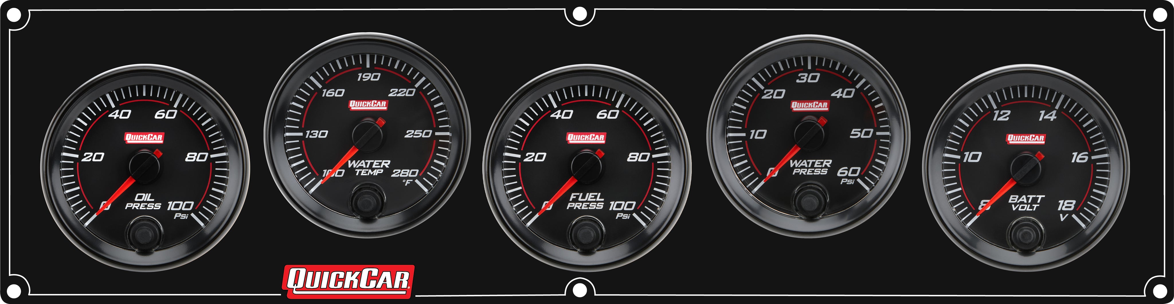 QuickCar Redline Gauge Panel Assembly - OP / WT / WP / Volt / 0-100 psi FP - 2-5/8 in Diameter - Black Panel / Black Face