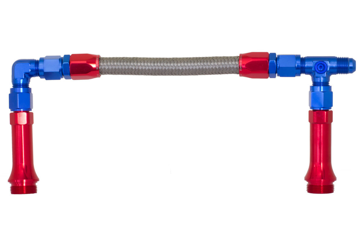 Redhorse Performance 5150 Series Carburetor Fuel Line - 6 AN Male Inlet - Dual 7/8-20 in Male Outlets - Braided Stainless Hose - Blue / Red - Holley 4150 Carburetors