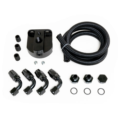 Racing Power Single Filter Remote Oil Filter Mount - 10 AN Female Inlet / Outlet - 2-Bolt Flat Mount - Black