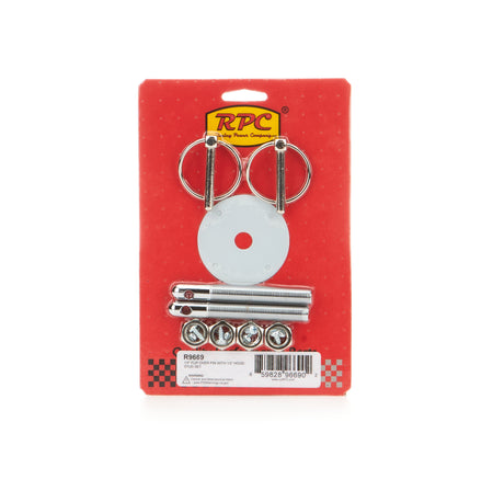 Racing Power Steel Hood Pin Kit - Torsion Clips - 0.5 in OD x 3.875 in Long - 2.5 in OD Scuff Plates - Chrome