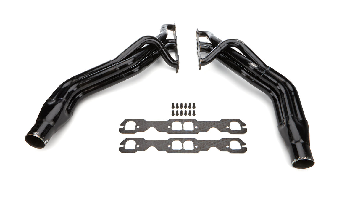 Schoenfeld Stock Clip Headers - 1.625 in to 1.75 in to 1.875 in Primary - 3 in Collector - Black - Small Block Chevy (Pair)
