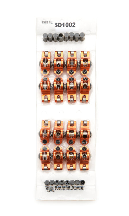 Harland Sharp Diamond Series Aluminum Roller Rocker Arm - 3/8 in Stud Mount - 1.60 Ratio - Orange - Small Block Chevy (Set of 16)