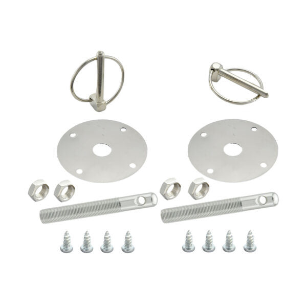 Specialty Products Aluminum Hood Pin Kit - Torsion Clips - 0.5 in OD x 4 in Long - 2.25 in OD Scuff Plates - Clear