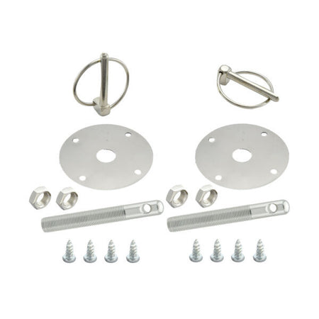 Specialty Products Aluminum Hood Pin Kit - Torsion Clips - 0.5 in OD x 4 in Long - 2.25 in OD Scuff Plates - Clear