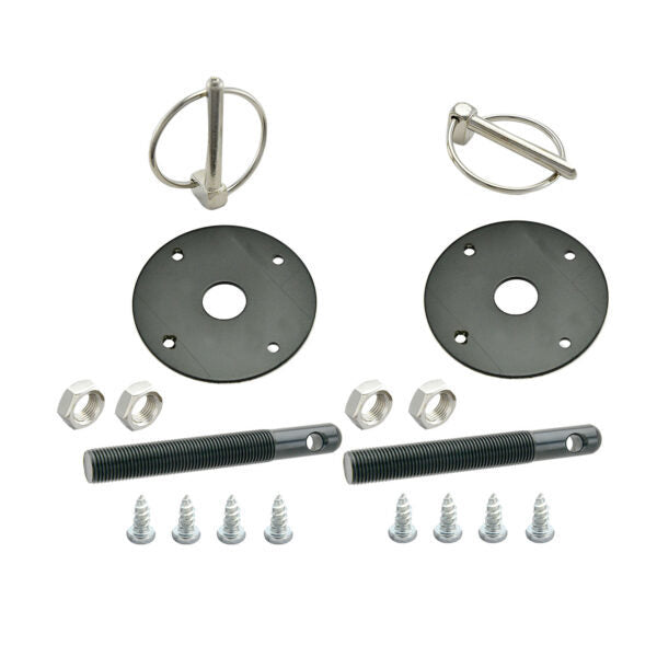 Specialty Products Aluminum Hood Pin Kit - Torsion Clips - 0.5 in OD x 4 in Long - 2.25 in OD Scuff Plates - Black