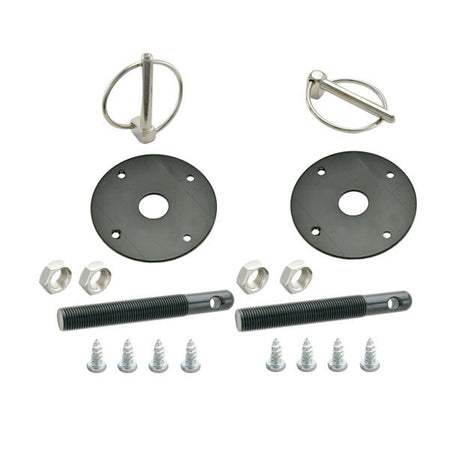 Specialty Products Aluminum Hood Pin Kit - Torsion Clips - 0.5 in OD x 4 in Long - 2.25 in OD Scuff Plates - Black