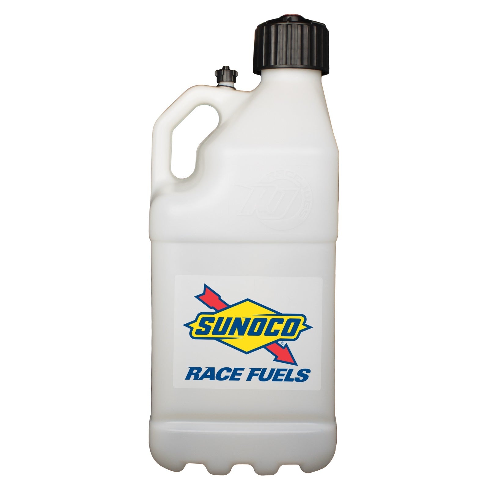 Sunoco Motorsports 5 Gallon Utility Jug - 9.5 x 9.5 x 23 in Tall - O-Ring Seal Cap - Screw-On Vent - Square - Clear