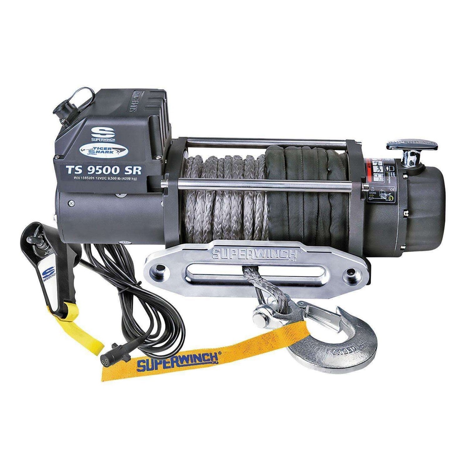 Superwinch Tiger Shark 9500 Winch - 9500 lb Capacity - Hawse Fairlead - 12 ft Remote - 3/8 in x 80 ft Synthetic Rope - 12V