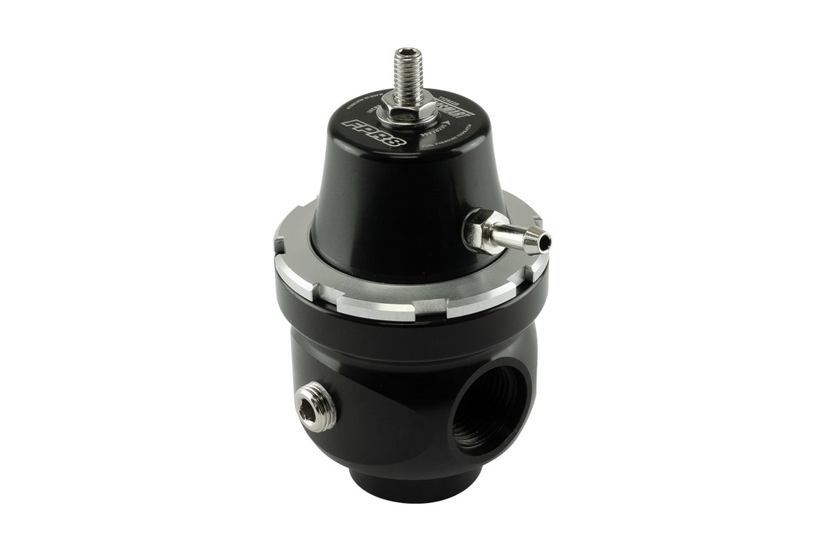 Turbosmart FPR8 Inline Fuel Pressure Regulator - 35 to 80 psi - 8 AN Female O-Ring Inlet / Outlet - 1/8 in NPT Port - Black