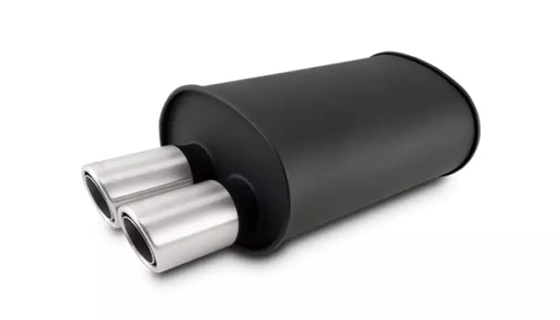 Vibrant Performance Streetpower Muffler - 3 in Center Inlet - Dual 3 in Outlets - Black - Stainless Brushed Tips - 15 x 9.5 x 6.75 in Oval Body