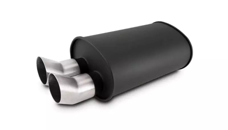 Vibrant Performance Streetpower Muffler - 3 in Center Inlet - Dual 3 in Outlets - Black - Stainless Brushed Tips - 15 x 9.5 x 6.75 in Oval Body