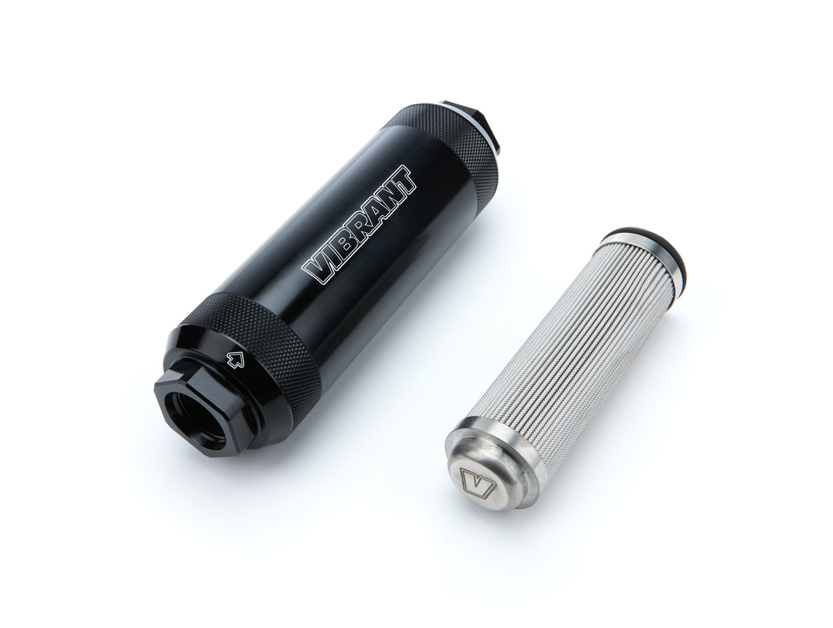 Vibrant Performance HD PowerFilter In-Line Fuel Filter - 10 Micron - Microglass Element - 12 AN Female O-Ring Inlet/Outlet - Black