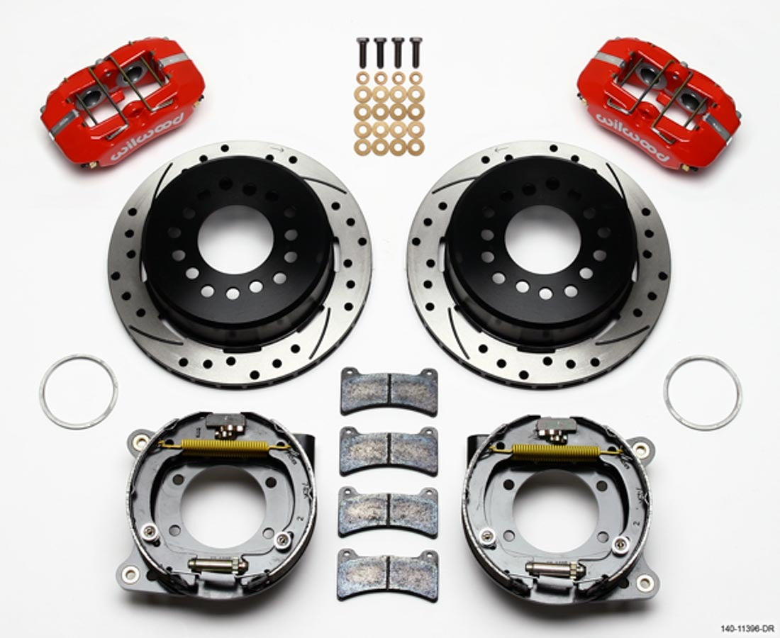 Wilwood Dynapro Low-Profile Rear Brake System - 4 Piston Caliper - 11.00 in Drilled / Slotted Iron Rotor - Red - Ford 8.8 in
