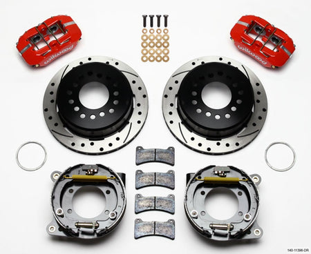 Wilwood Dynapro Low-Profile Rear Brake System - 4 Piston Caliper - 11.00 in Drilled / Slotted Iron Rotor - Red - Ford 8.8 in