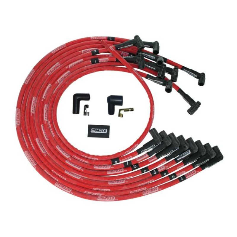 Moroso Ultra Spiral Core 8 mm Spark Plug Wire Set - Sleeved - Red - 90 Degree Plug Boots - HEI Style Terminal - Under The Header - Big Block Chevy