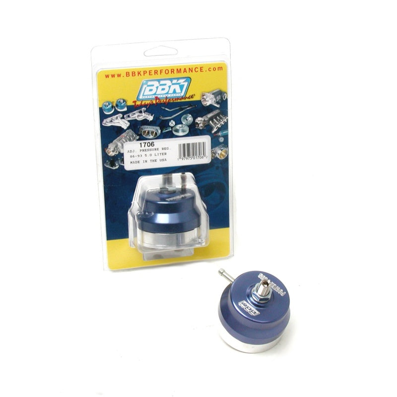 BBK Performance Fuel Pressure Regulator - 35 to 65 psi - Rail Mount - Adjustable - Blue Anodized - Small Block Ford - Ford Mustang 1986-93