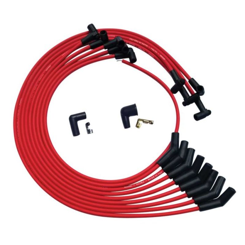 Moroso Ultra Spiral Core 8 mm Spark Plug Wire Set - Red - 135 Degree Plug Boots - HEI Style Terminal - Under The Header - Small Block Chevy