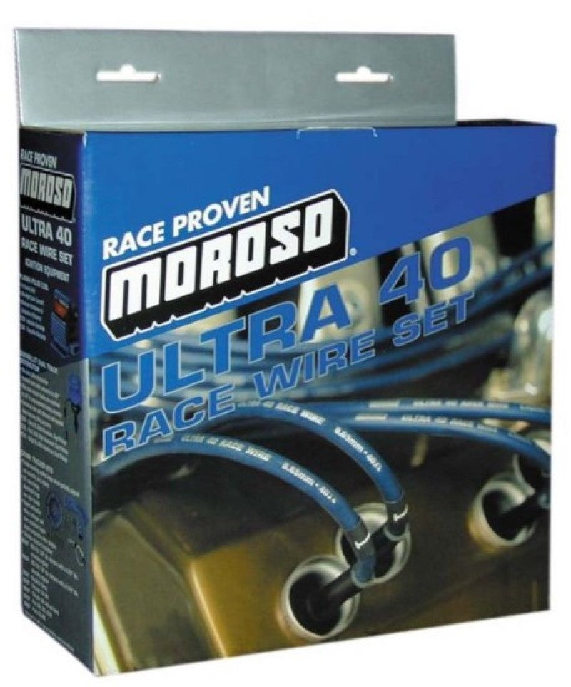 Moroso Ultra 40 Spiral Core 8.65 mm Spark Plug Wire Set - Sleeved - Black - 90 Degree Plug Boots - HEI Style Terminal - Under Header - Small Block Chevy