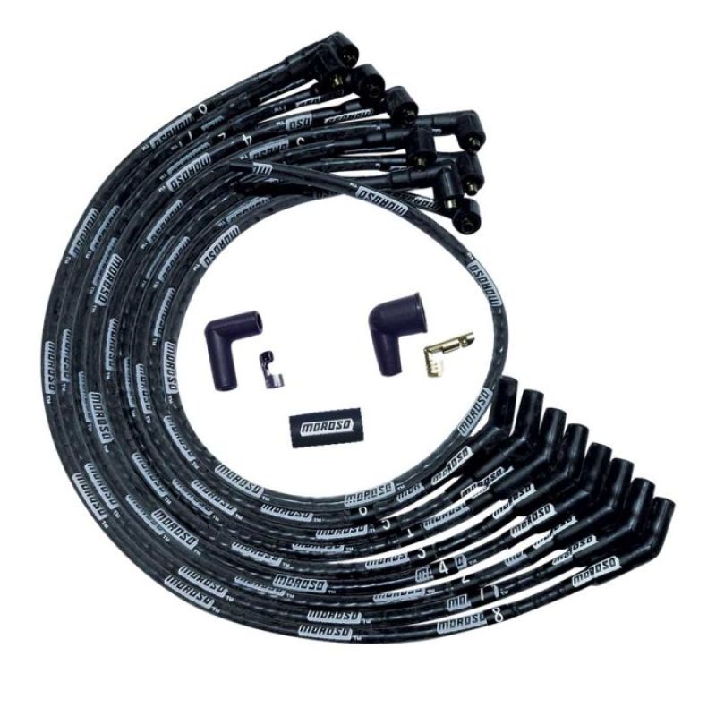 Moroso Ultra Spiral Core 8 mm Spark Plug Wire Set - Sleeved - Black - 135 Degree Plug Boots - Socket Style - Small Block Ford 51573