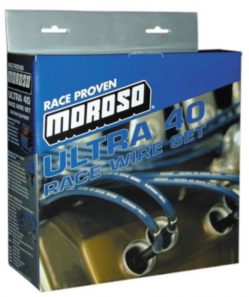 Moroso Ultra 40 Spiral Core 8.65 mm Spark Plug Wire Set - Black - 90 Degree Plug Boots - HEI Style Terminal - Under Headers - Small Block Chevy