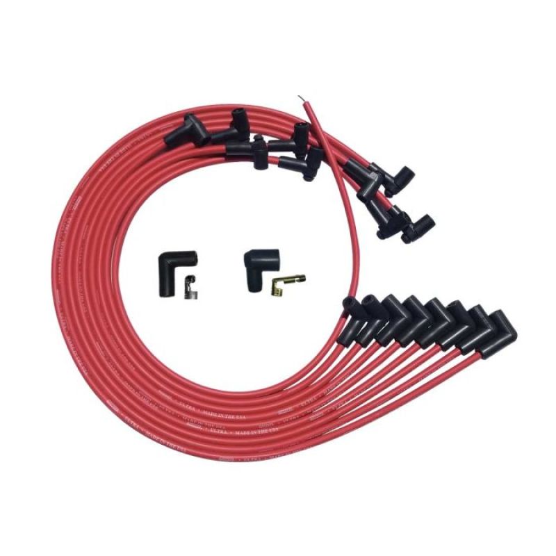 Moroso Ultra Spiral Core 8 mm Spark Plug Wire Set - Red - 90 Degree Plug Boots - HEI Style Terminal - Under The Header - Small Block Chevy