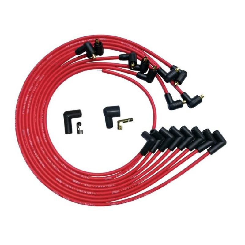 Moroso Ultra Spiral Core 8 mm Spark Plug Wire Set - Red - 90 Degree Plug Boots - Socket Style - Under The Header - Small Block Chevy