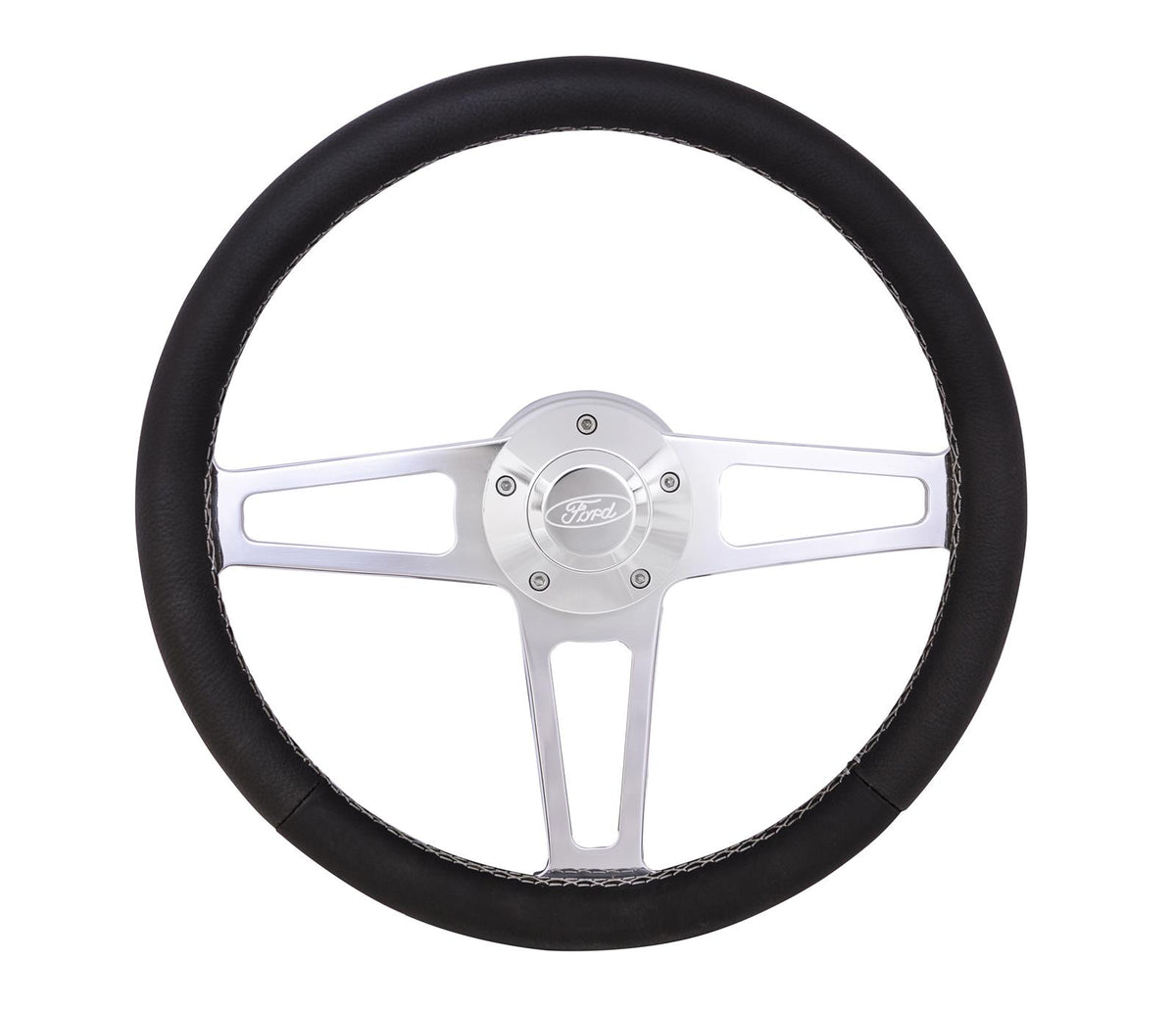 Grant T Series Steering Wheel - 13 in Diameter - Flat - Black Leather Grip - Polished - Ford 1964-77
