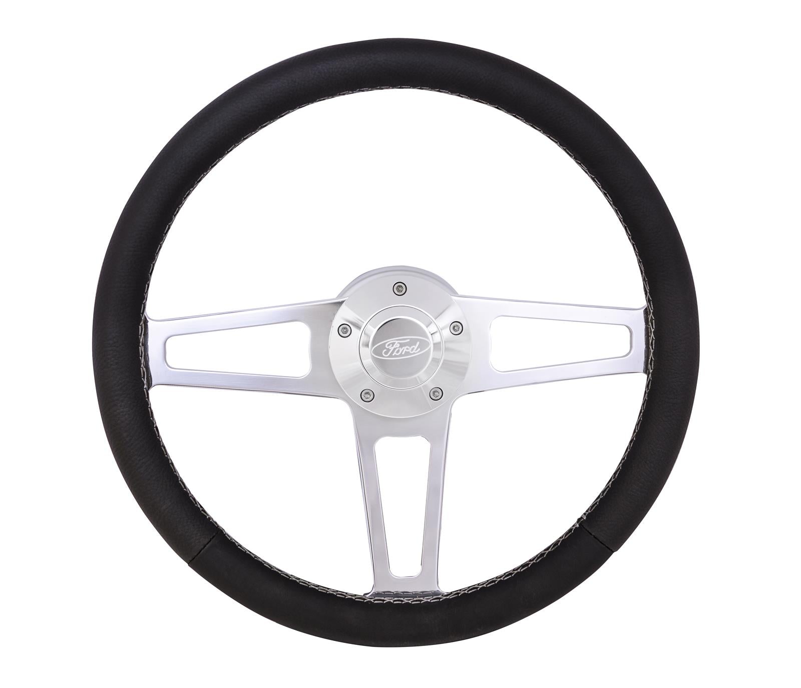 Grant T Series Steering Wheel - 13 in Diameter - Flat - Black Leather Grip - Polished - Ford 1964-77