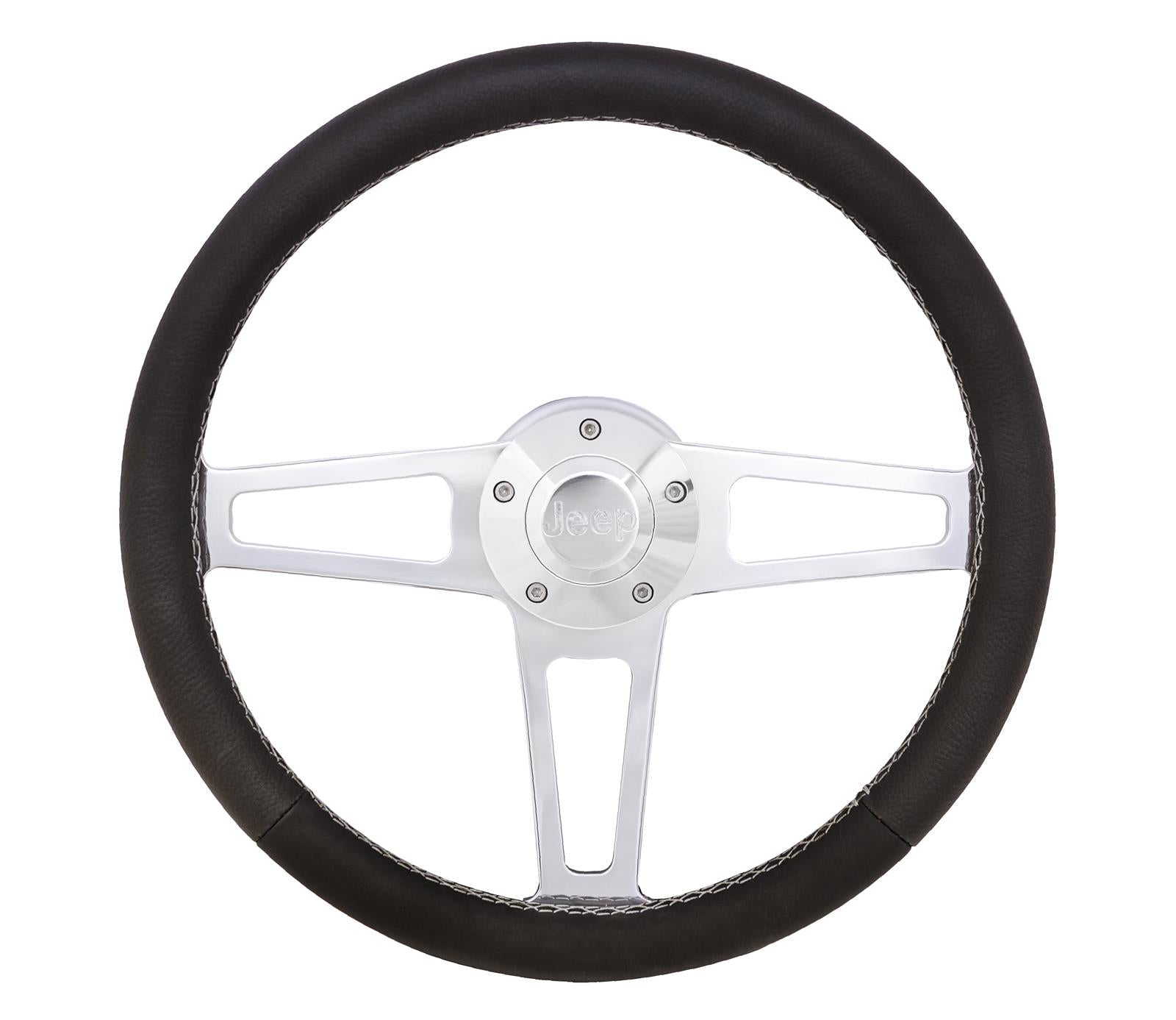 Grant T Series Steering Wheel - 13 in Diameter - Flat - Black Leather Grip - Polished - Jeep 1974-95