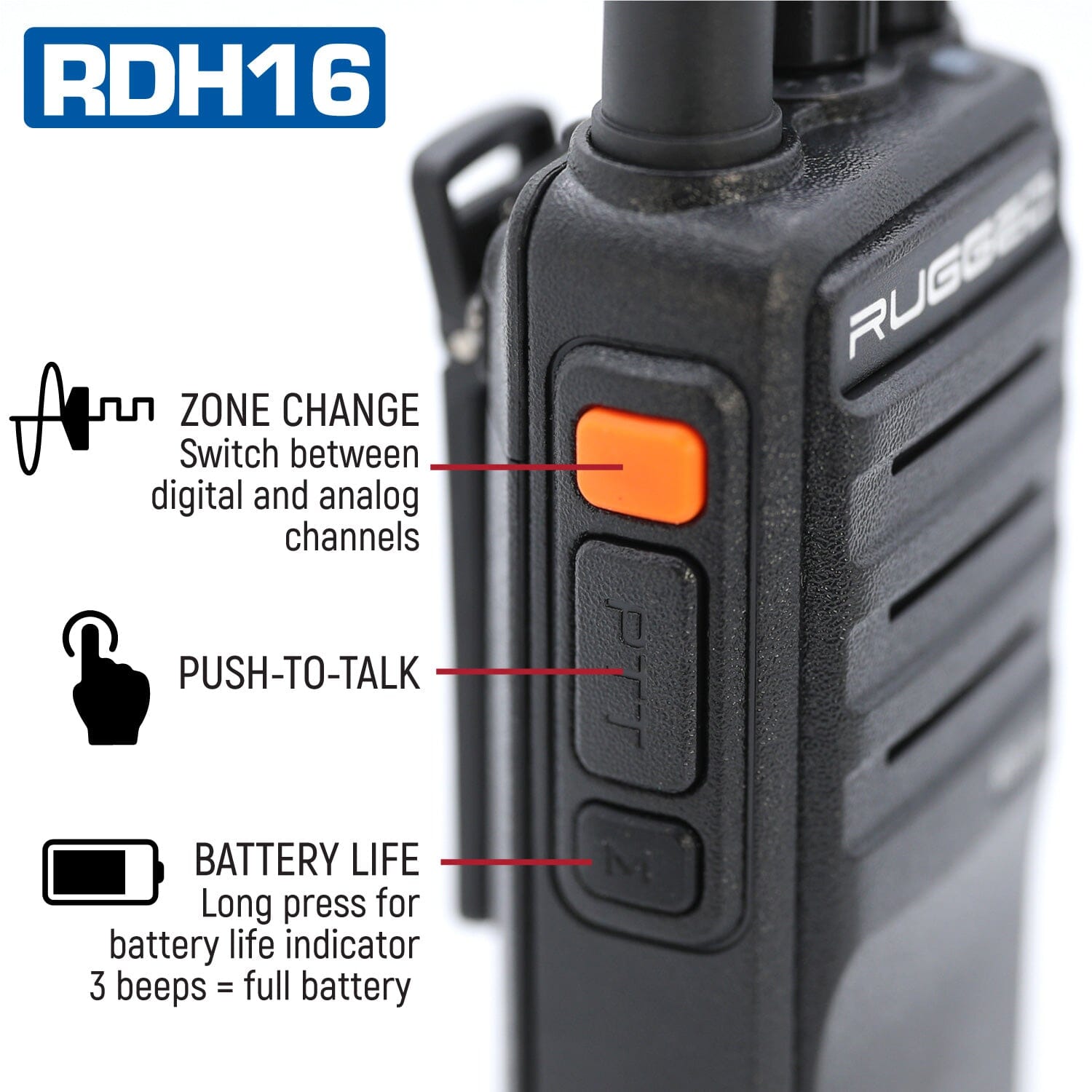 Rugged Radios RDH16 Business Band Two Way Handheld Radio - Digital & Analog - VHF - Black RDH16-V