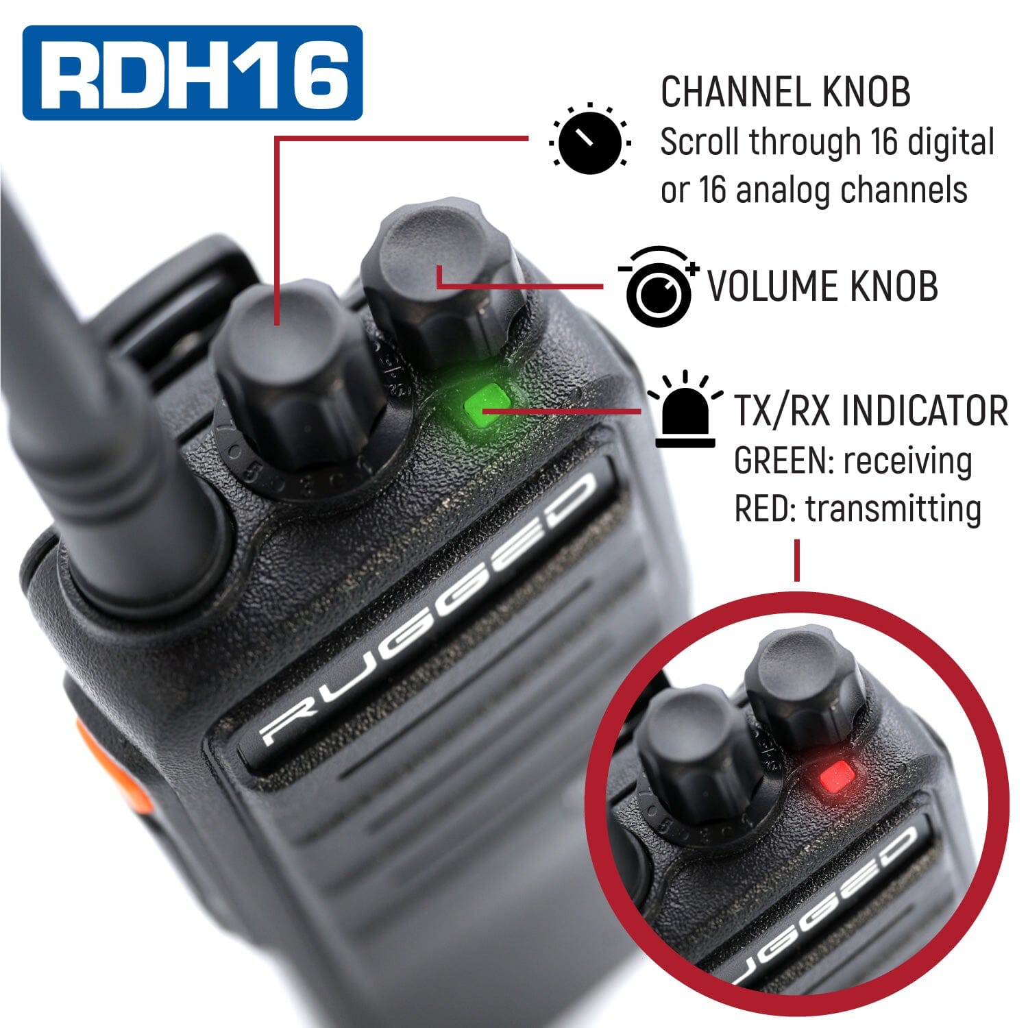 Rugged Radios RDH16 Business Band Two Way Handheld Radio - Digital & Analog - VHF - Black RDH16-V