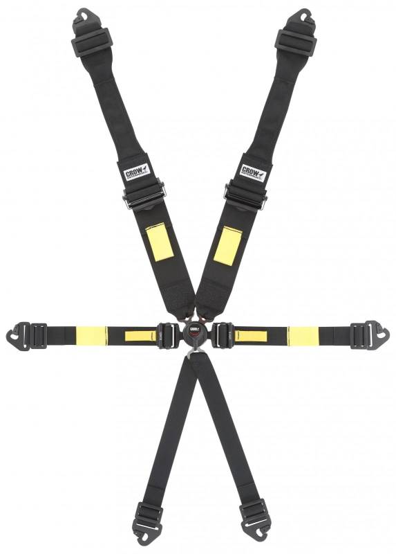 Crow 6-Way Kam Lock Enduro Quick Change Harness - Aluminum Adjusters - Black Hardware - 2" Lap Belt - Black