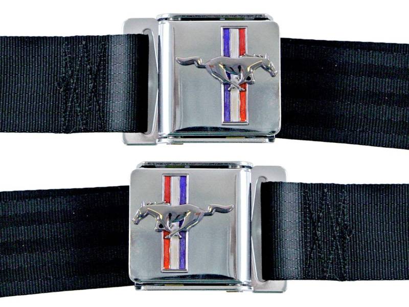 Scott Drake Lap Seat Belt - Latch Buckle - Bolt-In - Floor Mount - Black - Mustang Emblem - Ford Mustang 1964-73 - Black