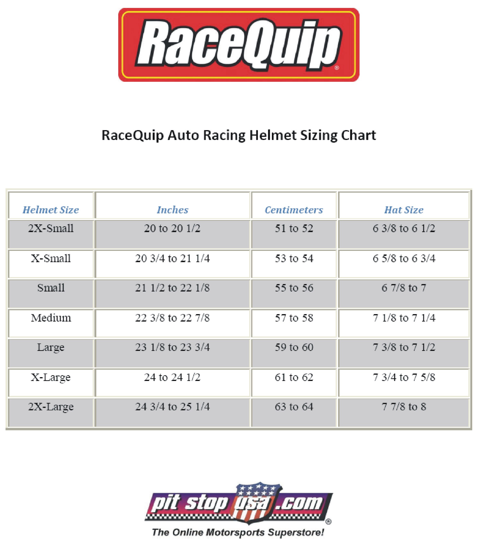 RaceQuip Auto Racing Helmet Sizing Chart
