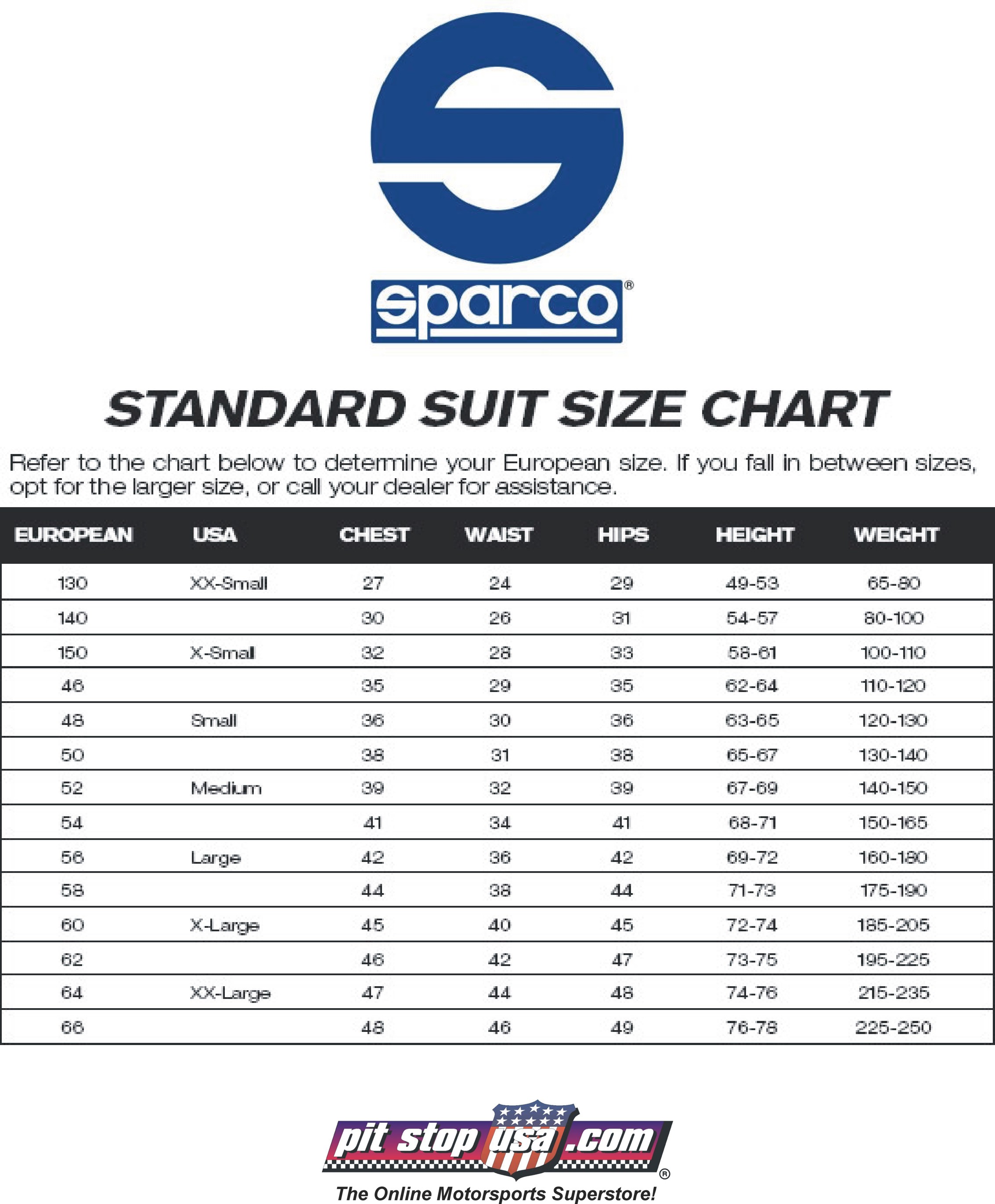 Sparco Auto Racing Suit Sizing Chart