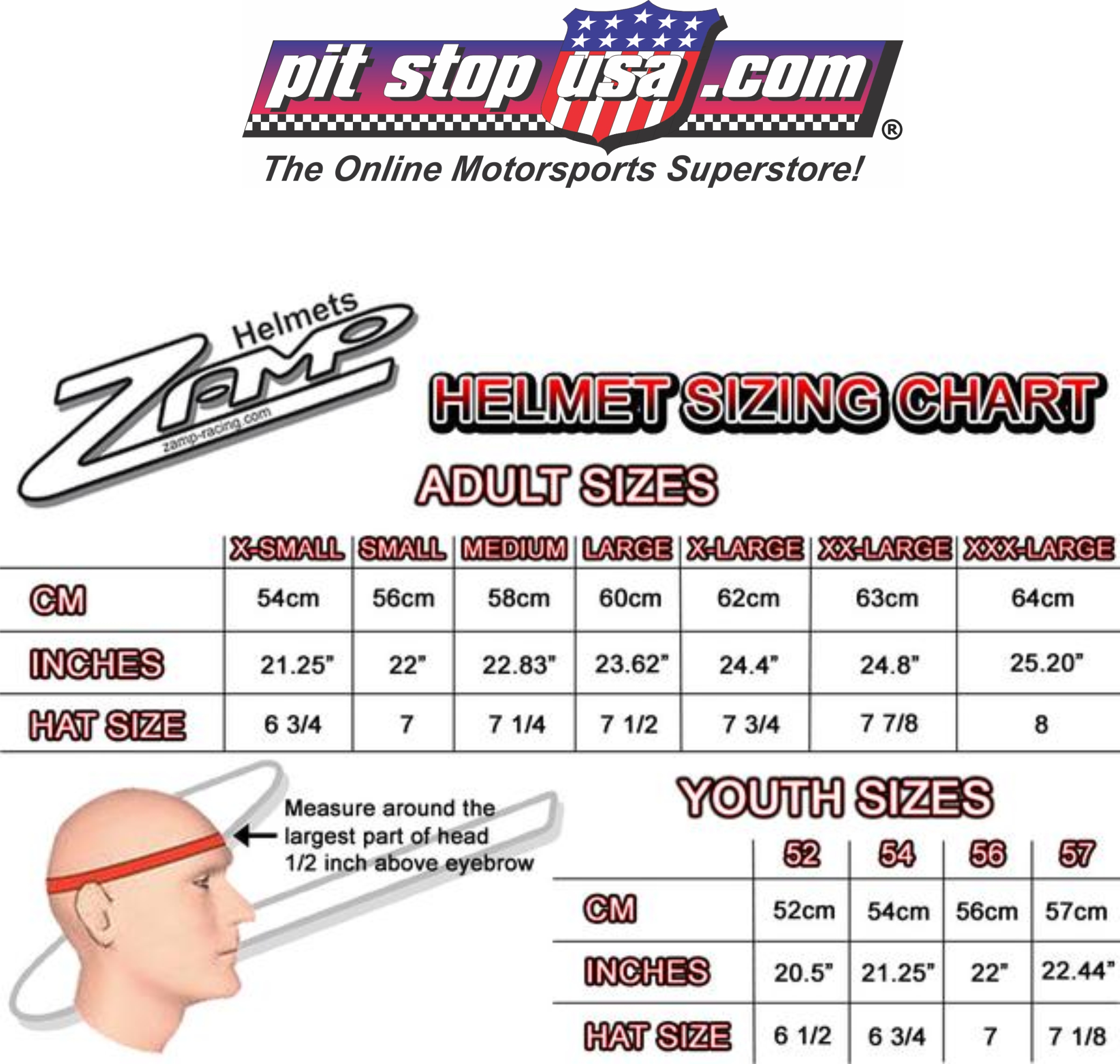 Zamp Auto Racing Helmet Sizing Chart