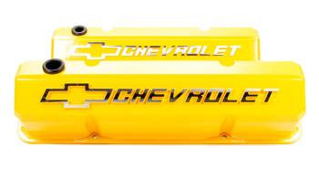 Proform Parts - Proform Performance Parts Slant-Edge Valve Covers Tall Baffled Breather Hole - Raised Chevrolet Bowtie Logo - Yellow