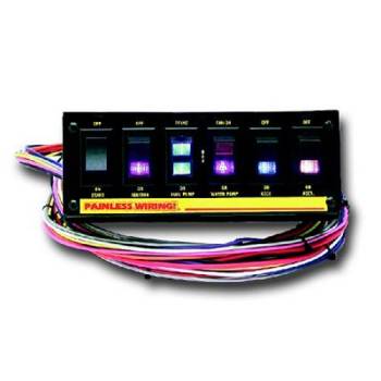 Painless Performance Products - Painless Dash Mount Switch Panel 8-1/4 x 3" 6 Rockers/1 Momentary Rocker Lighted - Harness