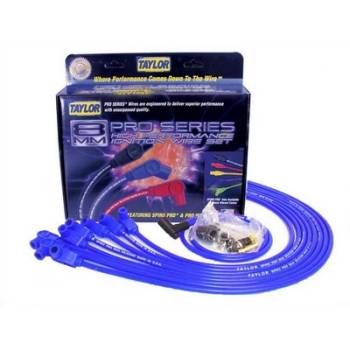 Taylor Cable Products - Taylor 8mm Pro "Race Fit" Wire Spark Plug Wire Set - Blue - SB Chevy 262-400 - Spiro-Pro Conductor - 90° Plug Boots, HEI Style Distributor Cap - For Over Valve Cover Applications