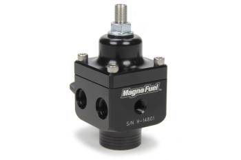 MagnaFuel - MagnaFuel Fuel Pressure Regulator - 4 Port - 4 to 12 psi - Inline - 10 AN O-Ring Inlet - Four 6 AN O-Ring Outlets - 1/8" NPT Port - Aluminum - Black - E85 / Gas / Methanol