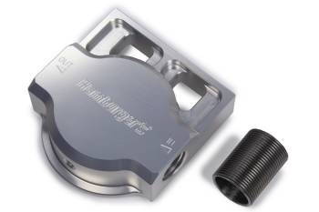 Hamburger's Performance Products - Hamburger's Performance Remote Oil Filter Mount - 12 AN Female Ports - 1-1/2-12" Center Thread - 1/8" NPT Female Port - Right to Left Flow - Billet Aluminum - Clear Anodized