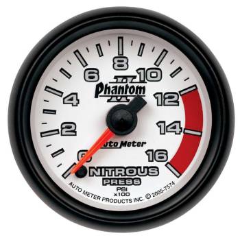 Auto Meter - Auto Meter Phantom II Nitrous Pressure Gauge - 0-1600 psi - Electric - Analog - Full Sweep - 2-1/16" Diameter - White Face
