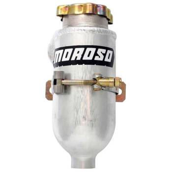 Moroso Performance Products - Moroso Breather Tank - 3-1/8" Diameter x 11-1/2" Tall - Two 1/2" NPT Female Bungs - Petcock Drain - Filter - T-Bolt Mounting Clamp - Aluminum