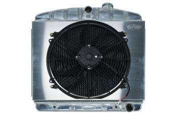 Cold-Case Radiators - Cold-Case Aluminum Radiator and Fan - 23.5" W x 23.5" H x 3" D - Center Inlet - Passenger Side Outlet - Polished - Chevy V6 - Chevy Fullsize Car 1955-57