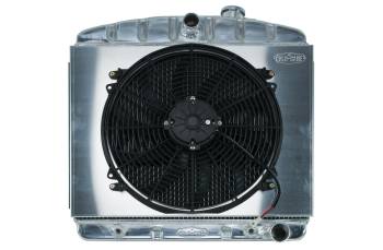Cold-Case Radiators - Cold-Case Aluminum Radiator and Fan - 23.5" W x 23.5" H x 3" D - Center Inlet - Passenger Side Outlet - Polished - Chevy V8 - Chevy Fullsize Car 1955-57