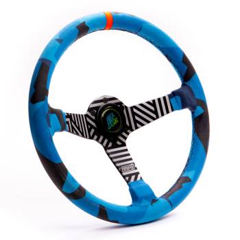 MPI - MPI Vaughn Gittin Jr. Drift Steering Wheel - 13.75" Diameter - 3 Spoke - 2.36" Dish - Blue Suede Grip - Orange Stripe - Center Cap - Aluminum - Black/White